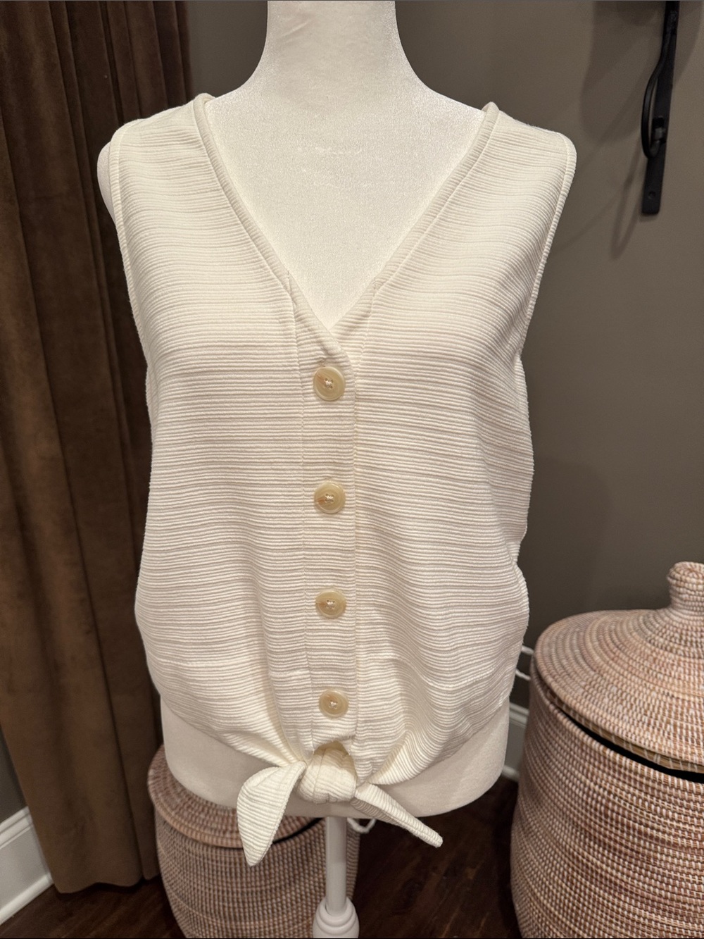 J. Crew Cream Button-Front Tie Hem Sleeveless Top